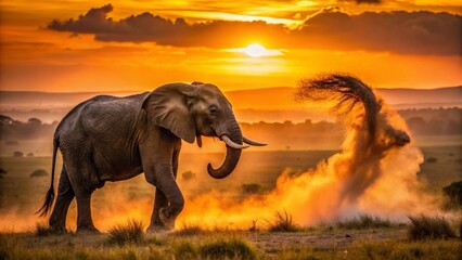 Fototapeta premium Elephant Dust Bath, Masai Mara Sunset, African Wildlife Photography
