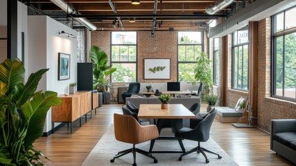 Fototapeta premium Modern office space featuring a mix of stylish furniture and greenery, creating a vibrant yet professional atmosphere.
