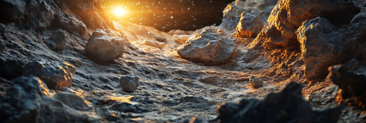 A cosmic illustration showing an asteroid belt with rugged rocky fragments, illuminated by distant star light, offering a vast and mysterious view of deep space, banner