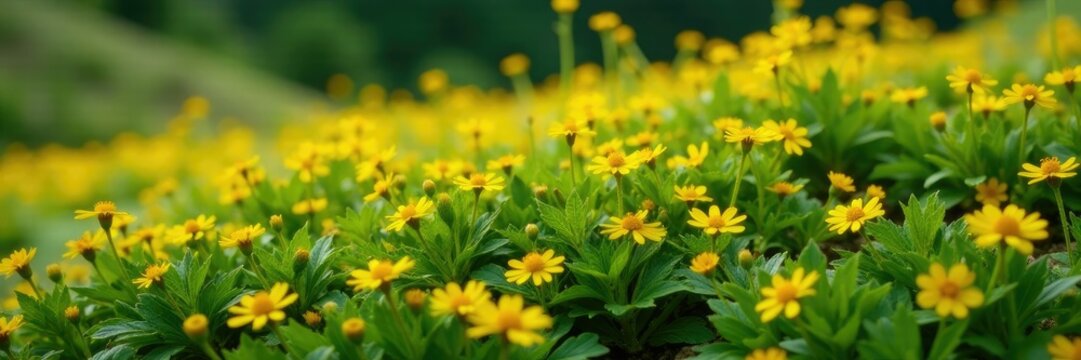 Densely packed mat of small, yellowish flowers, vegetation, deschampsia, alpine