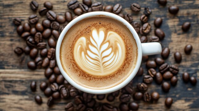 A beautifully crafted latte with intricate foam art, surrounded by roasted coffee beans, creating a warm and inviting atmosphere.