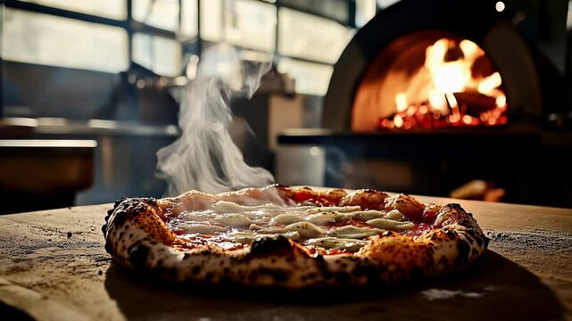 A steaming, freshly baked margherita pizza sits on a rustic countertop, while a wood-fired oven blazes in the background, shot in slow motion with the camera panning over the hot pizza