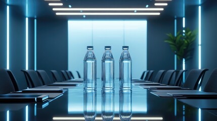 A luxury executive meeting with crystal water bottles, premium devices, and a sleek minimalist backdrop.