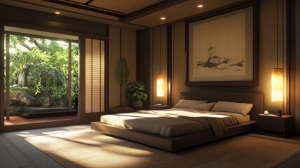 Fototapeta premium Tranquil asian inspired bedroom with view of lush garden