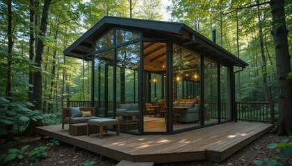 Fototapeta premium A modern glass cabin in the heart of a serene forest, reflecting the surrounding trees on its transparent walls