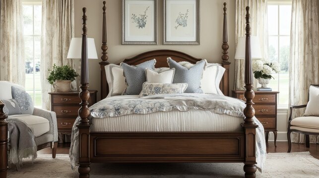 Elegant bedroom featuring a wooden four poster bed and decor