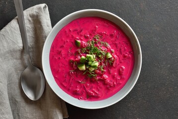 Beet cream soup with yogurt, cucumbers and dill