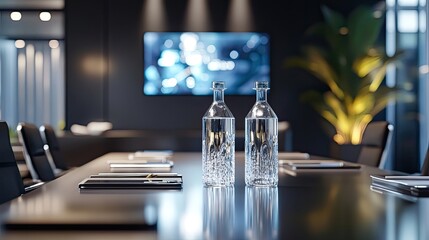 A luxury executive meeting with crystal water bottles, premium devices, and a sleek minimalist backdrop.