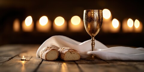 religious table setting, a reverent holy thursday table display with wine, bread, and cloth on an old wooden table, symbolizing the last supper, with softly lit candles in the background