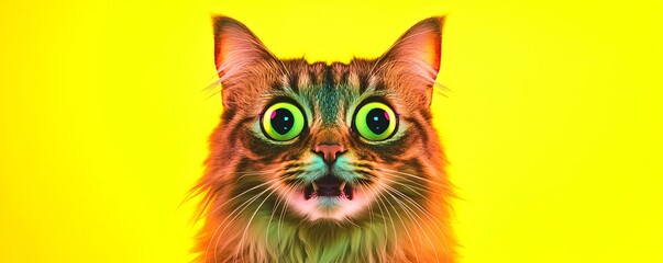 A cat with exaggerated big eyes, looking shocked, on a neon yellow background.
