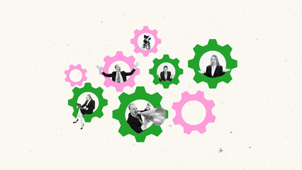 Contemporary art collage. Multiple business professionals interacting inside pink and green gears...