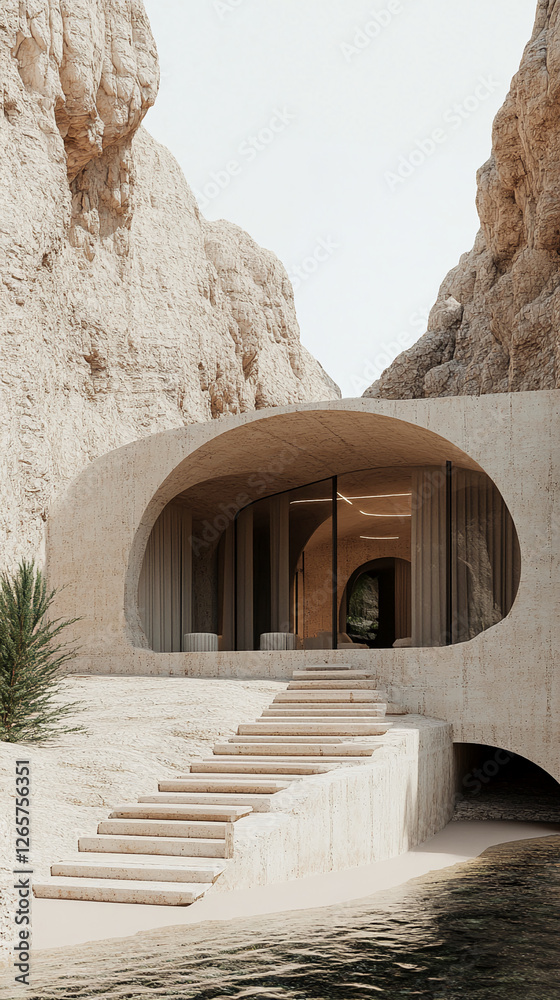 Poster Minimalist architecture with curved stone steps leading to an organic-style building surrounded by desert landscape, representing harmony between nature and modern design