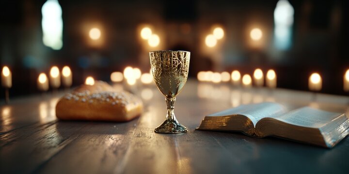 religious art, low-angle view depicts last supper table, showing simple yet meaningful elements