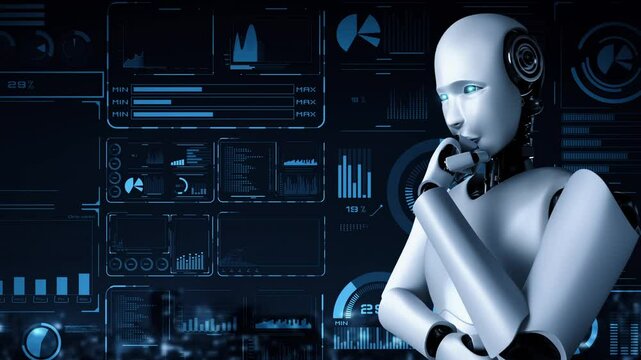 Thinking AI hominoid robot analyzing hologram screen showing concept big data analytic using artificial intelligence by machine learning process. 3D rendering.