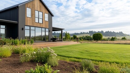 Modern farmhouse, deck, green field