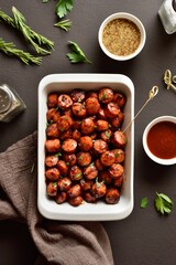 Sweet and spicy sausage bites in baking dish