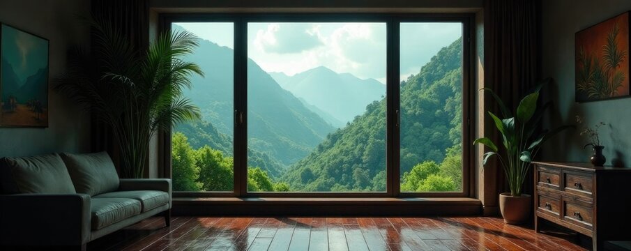 Descripci?n de lluvia en ventana con fondo paisaje, lluvia, ventanas