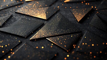 Intricate geometric patterns of black and gold triangles creating a luxurious design, illuminated with sparkles for an elegant and modern feel.