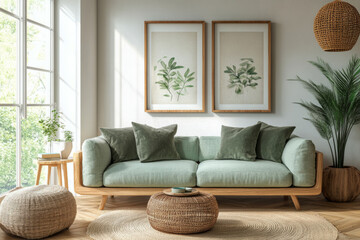 Fototapeta premium A modern living room interior styled with mint and olive tones, featuring minimalist decor, clean lines, and a serene atmosphere with functional yet inviting furniture
