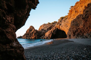 Seascape view of cave mouth on black pebble beach near sea with sunset glow