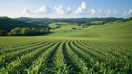 Lush Green Agricultural Fields Under Bright Cloudy Sky at Daytime Landscape