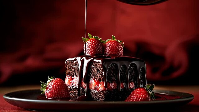 A generous amount of liquid chocolate is poured as a topping on the top surface of a delicious cocoa cake, filled with strawberries, slow motion footage, cozy atmosphere on a red velvet background