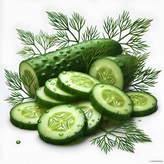 Fresh Cucumber Slices and Dill - Sliced green cucumber with water drops showing crisp vegetable texture and dill garnish
