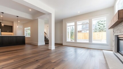 Fototapeta premium Modern home interior, spacious living room, hardwood floors, backyard view