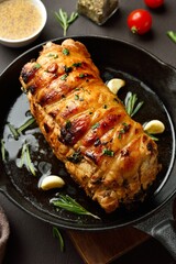 Roasted pork loin with rosemary and garlic in cast iron pan