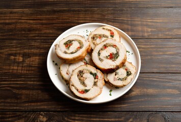 Sliced diet pork stuffed with mushroooms, red bell pepper, spinach