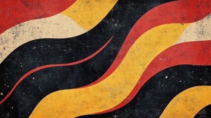 A textured background featuring wavy stripes in red, black, and yellow, creating a visually striking abstract pattern.