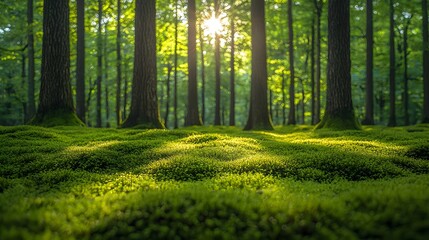 Obraz premium Vibrant and Lush Green Forest with Sunbeams Shining Through Towering Trees