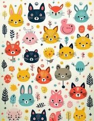 Colorido dibujo de dibujos animados con animales del bosque lindos y caras soleadas en un fondo ligero
