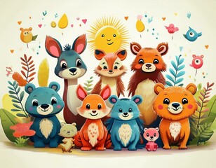 Naklejka premium Colorido dibujo de dibujos animados con animales del bosque lindos y caras soleadas en un fondo ligero