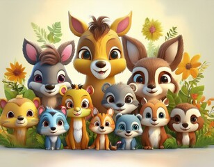 Naklejka premium Colorido dibujo de dibujos animados con animales del bosque lindos y caras soleadas en un fondo ligero