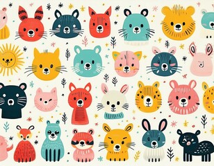 Obraz premium Colorido dibujo de dibujos animados con animales del bosque lindos y caras soleadas en un fondo ligero