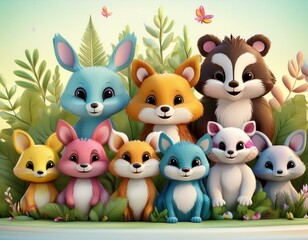 Colorido dibujo de dibujos animados con animales del bosque lindos y caras soleadas en un fondo ligero