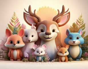 Obraz premium Colorido dibujo de dibujos animados con animales del bosque lindos y caras soleadas en un fondo ligero