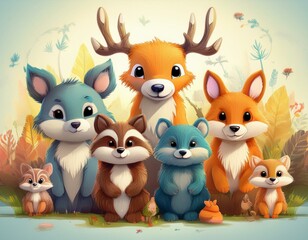 Naklejka premium Colorido dibujo de dibujos animados con animales del bosque lindos y caras soleadas en un fondo ligero