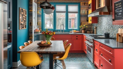 Bright and colorful eclectic kitchen interior with dining table