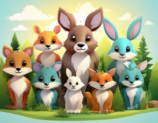 Naklejka premium Colorido dibujo de dibujos animados con animales del bosque lindos y caras soleadas en un fondo ligero