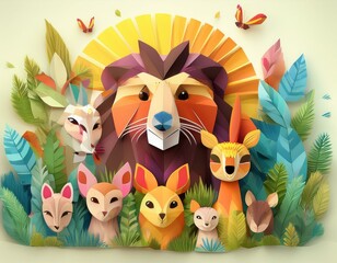 Fototapeta premium Colorido dibujo de dibujos animados con animales del bosque lindos y caras soleadas en un fondo ligero