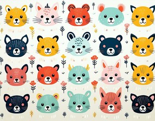 Colorido dibujo de dibujos animados con animales del bosque lindos y caras soleadas en un fondo ligero