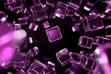 Fototapeta premium Digital sci-fi environment with floating transparent cubes, purple neon glow, high-speed motion effect, deep perspective