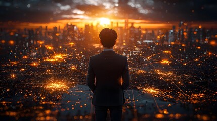Fototapeta premium Worldly Diplomat Overlooking Glowing Digital Global Connectivity Map