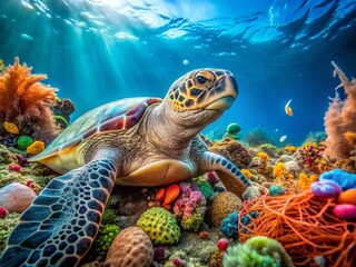 Obraz premium Endangered Marine Life Suffocated by Plastic Pollution on Coral Reef