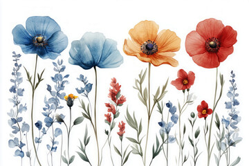 Fototapeta premium A beautiful watercolor illustration of wildflowers, delicately painted in a botanical style, isolated on a white background, perfect for a clean and minimalist poster