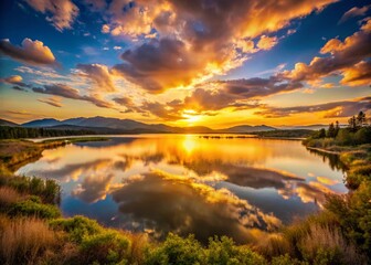 Obraz premium Endless Love: A Serene Landscape Photography of Heart-Shaped Lake at Sunset