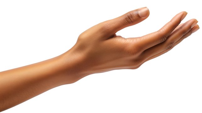 Brown Hand Reaching Out Isolated Gesture, Palm Up for Care and Help Themes, isolated on transparent background.
