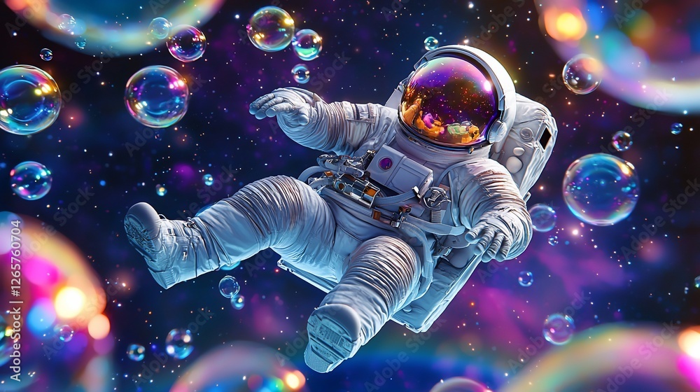 Poster astronaut floats amidst colorful bubbles in space
